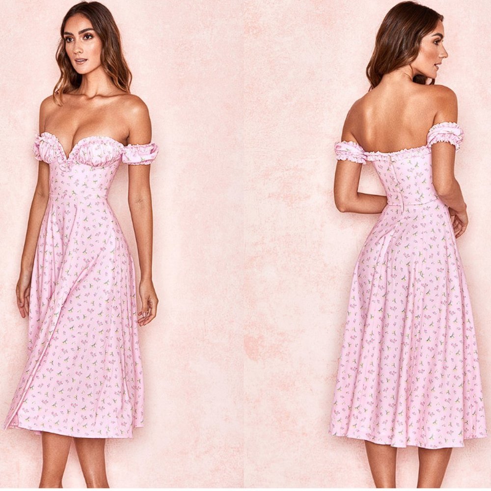 RARE House of CB ‘Lauren’ Pink Floral Strapless Midi Sundress NWT